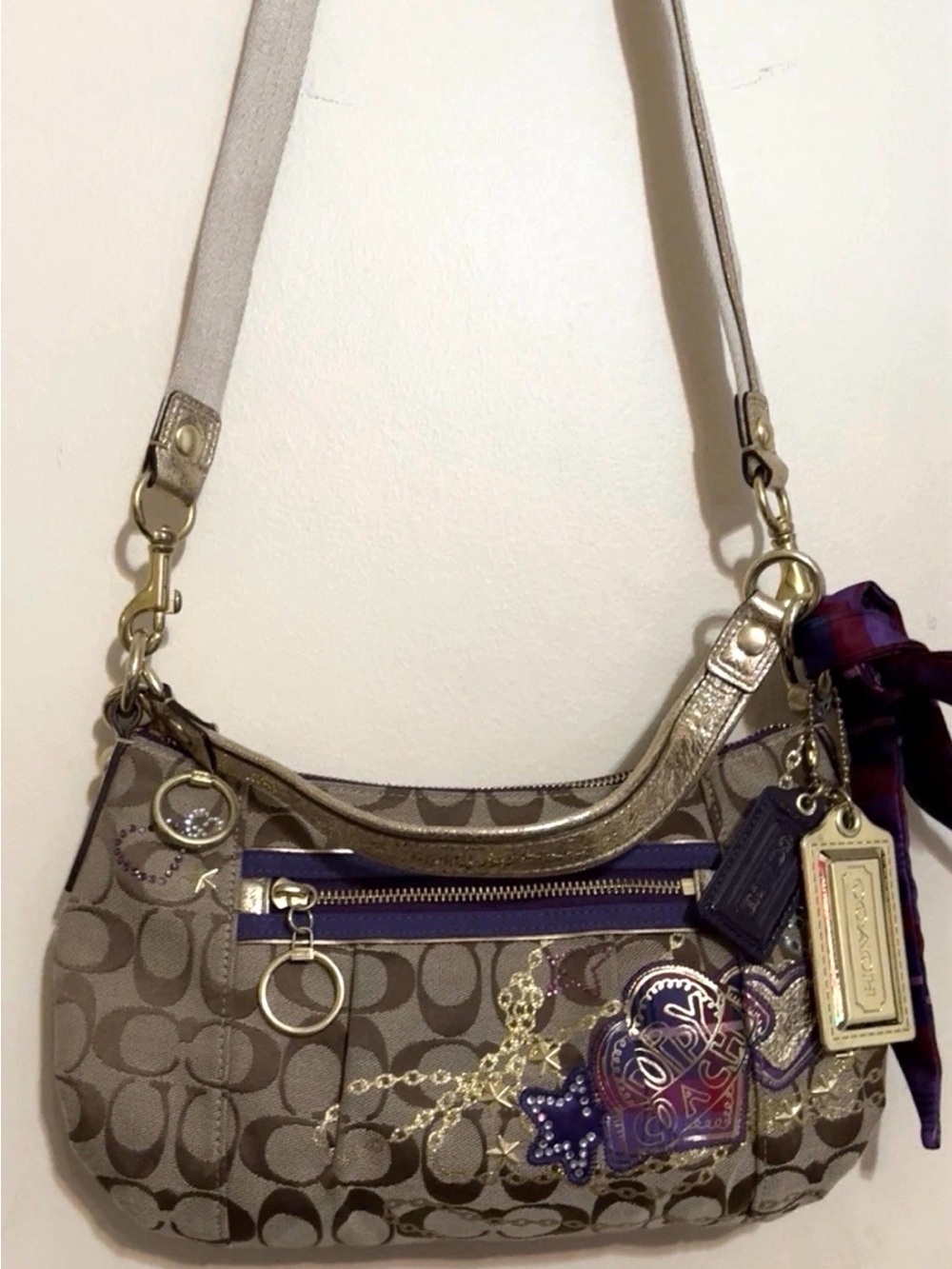 Coach Khaki Signature Canvas Shoulder Bag with Purple Accents - Picture 9 of 10